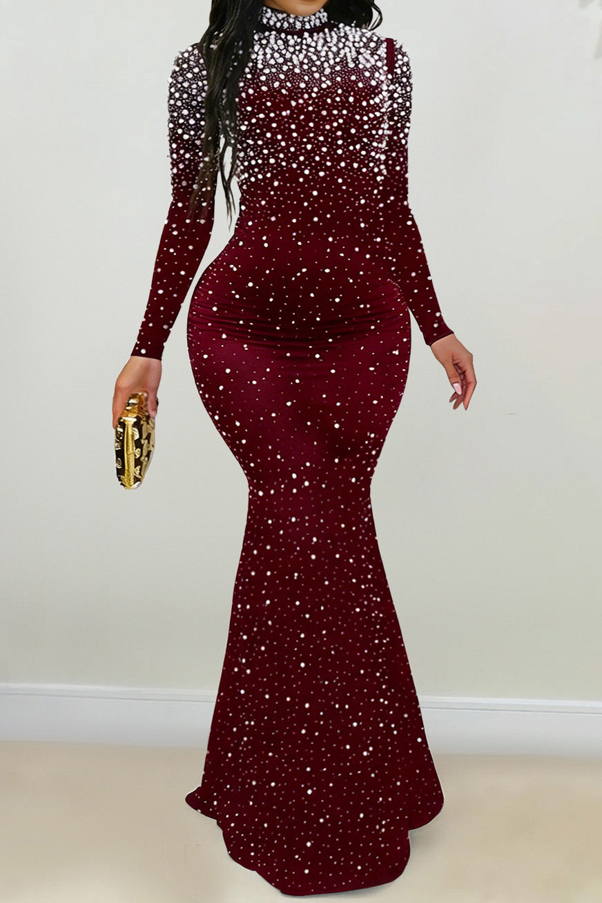 Rhinestone Mock Neck Mermaid Maxi Dress