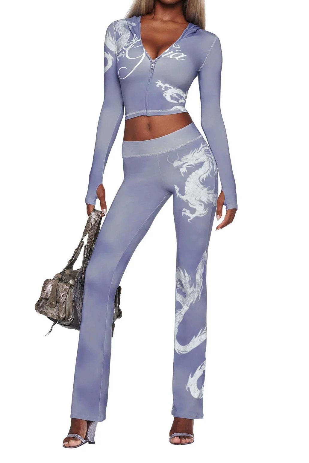 Printed Zip Hoodie Flare Pants Set