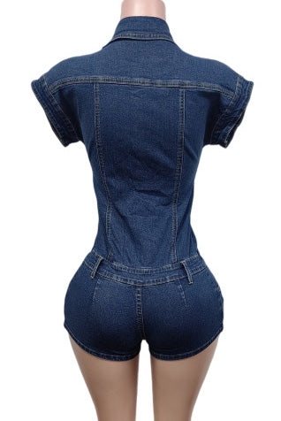 Fitted Denim Button Short Jumpsuit Romper