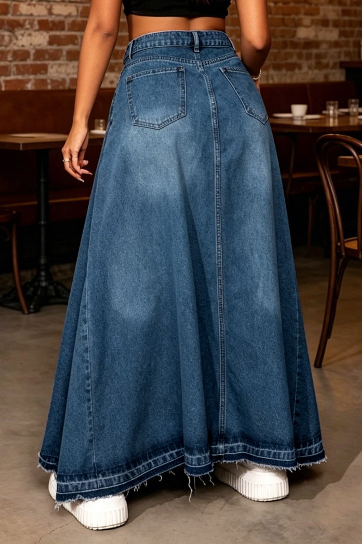 Raw-Hem A-Line Denim Maxi Skirt