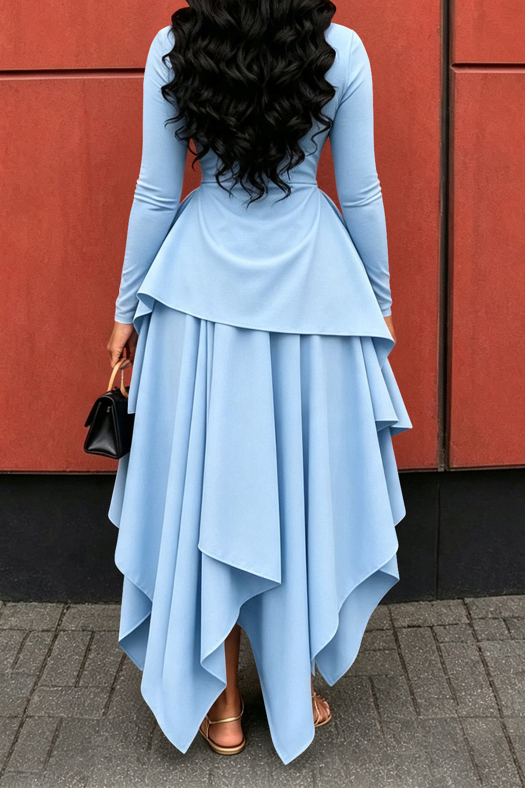Long-Sleeve Ruffle Hem High-Low Dress