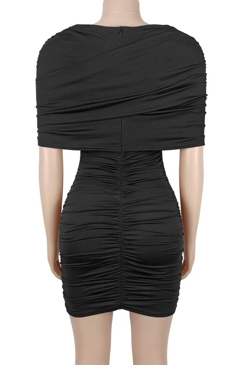 Draped Cape Ruched Bodycon Mini Dress