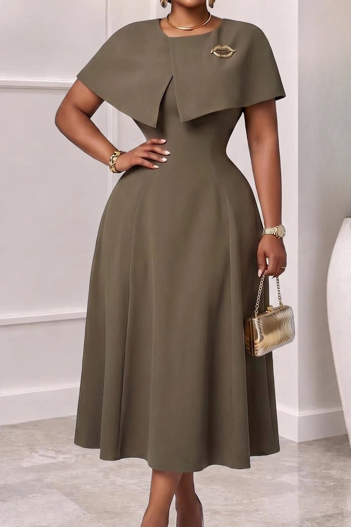 Elegant Cape Overlay A-Line Midi Dress