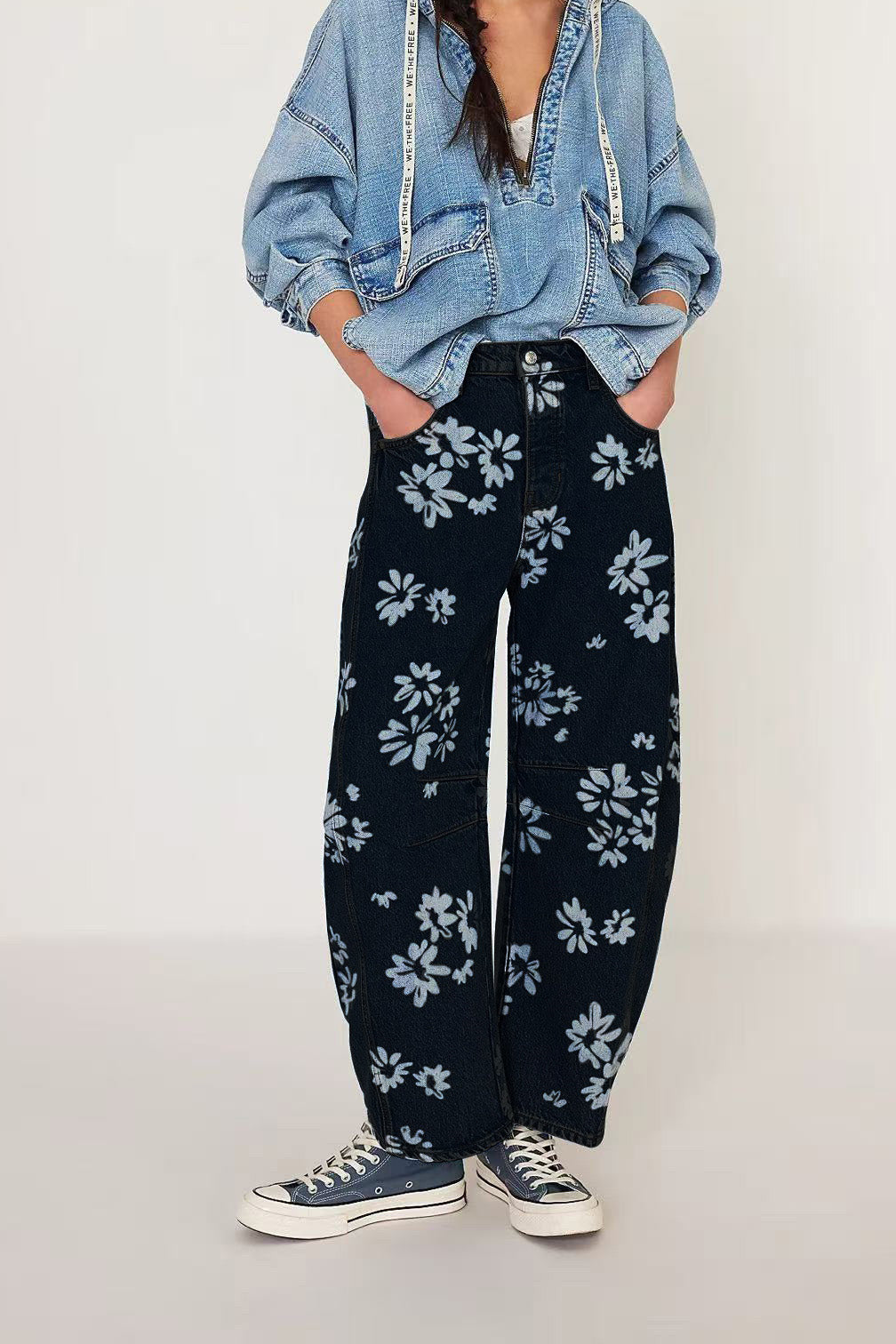 Floral Print Relaxed Barrel Leg Jeans