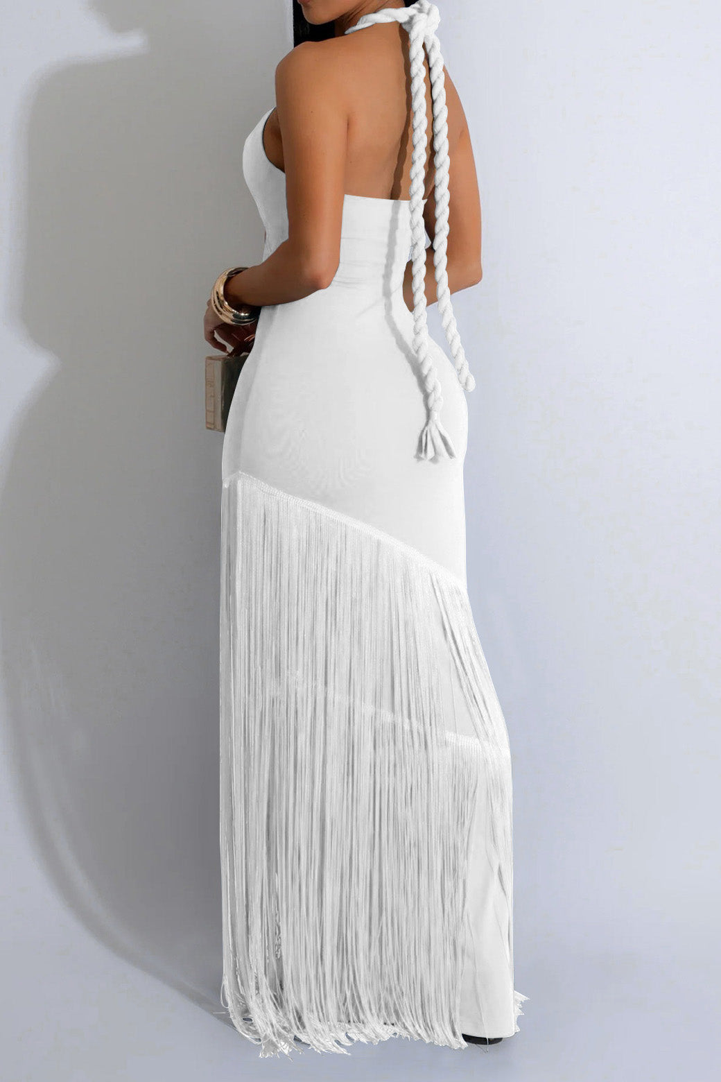 Halter Cutout Fringe Maxi Dress