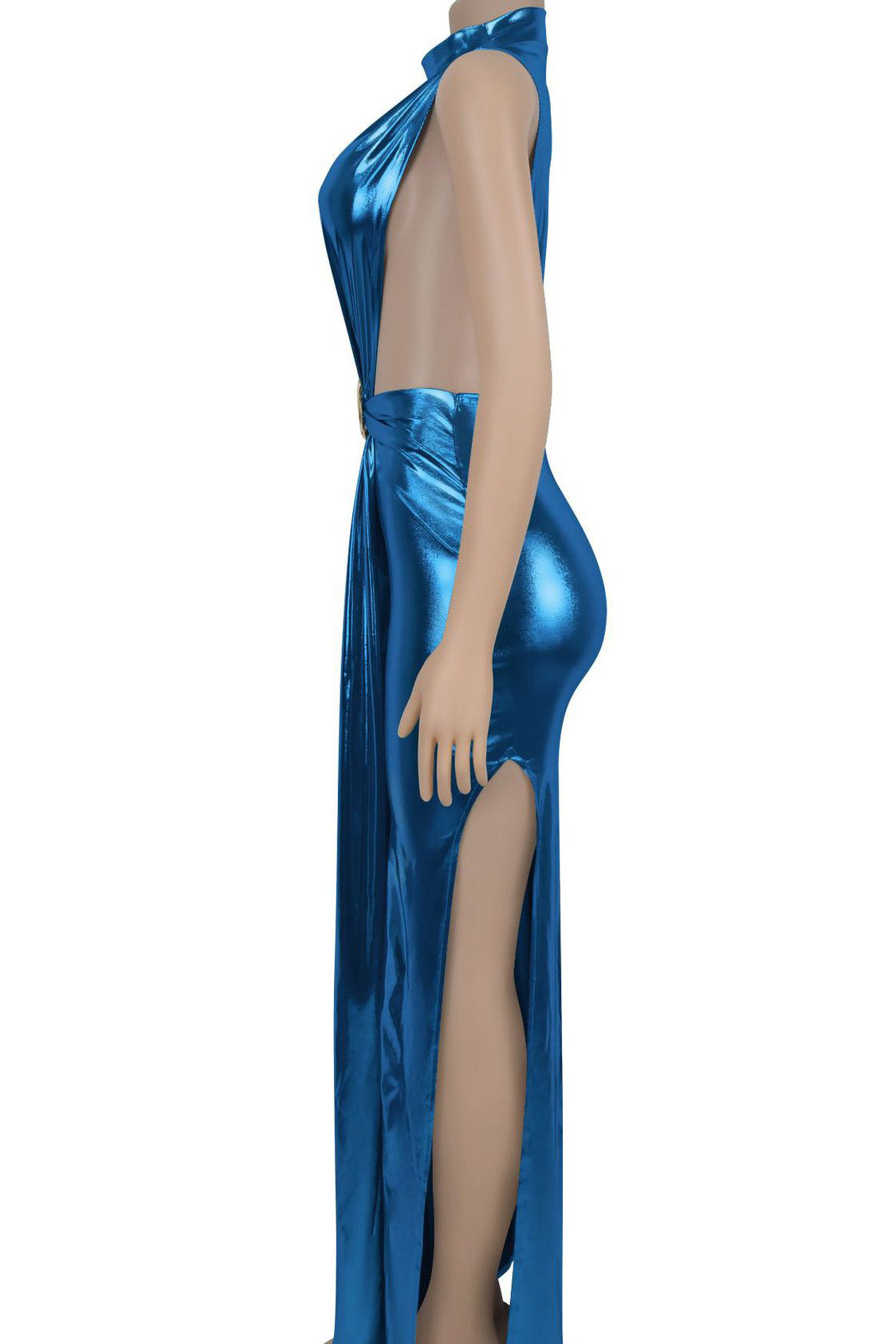 Glossy Side-Slit Mock Neck Maxi Dress