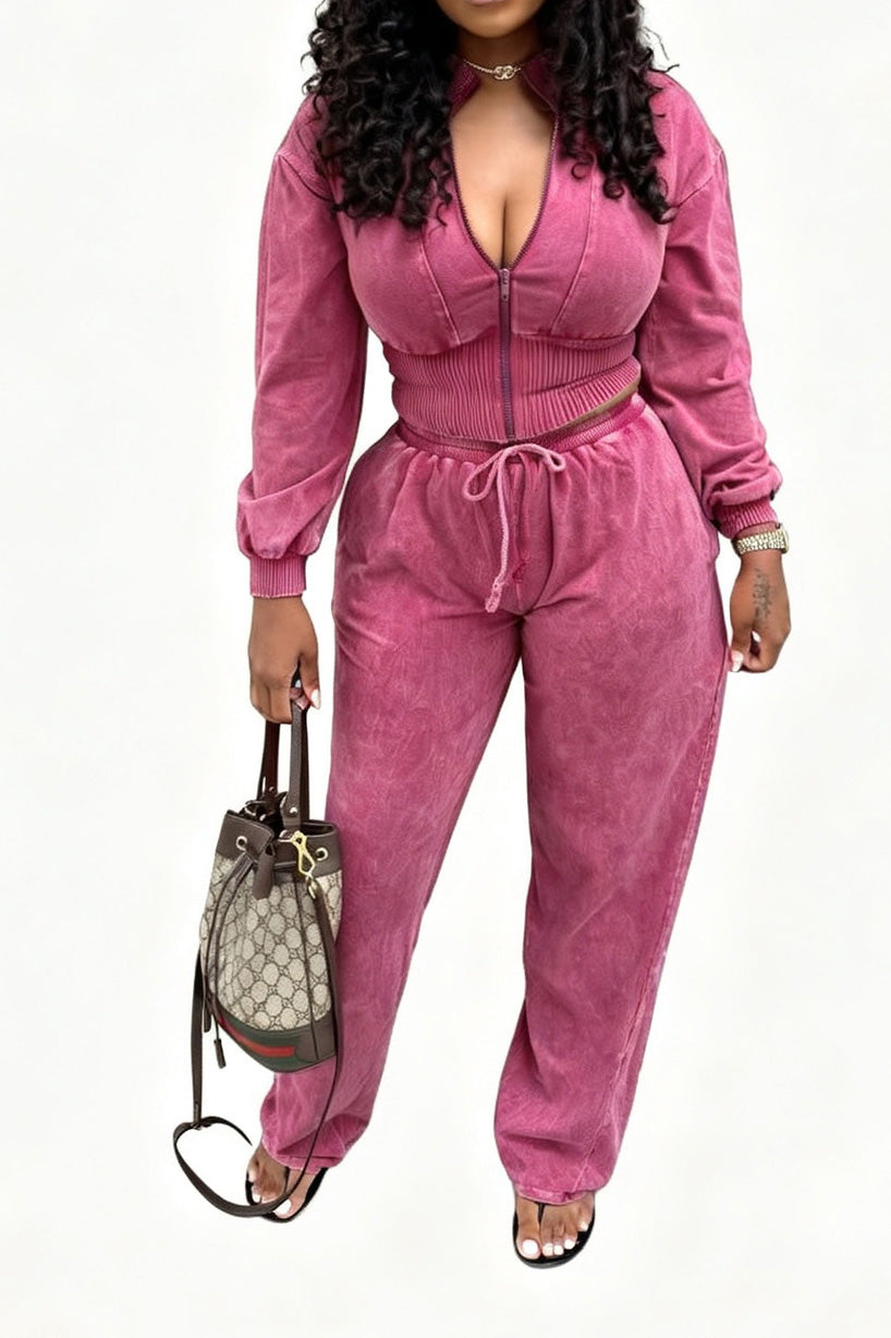 Washed Cropped Zip Jacket Jogger Pants Set