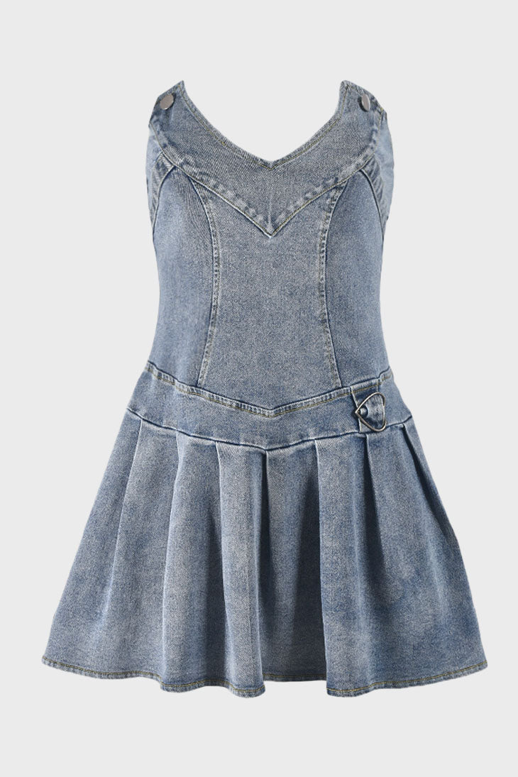 V Neck Pleated Denim Dress