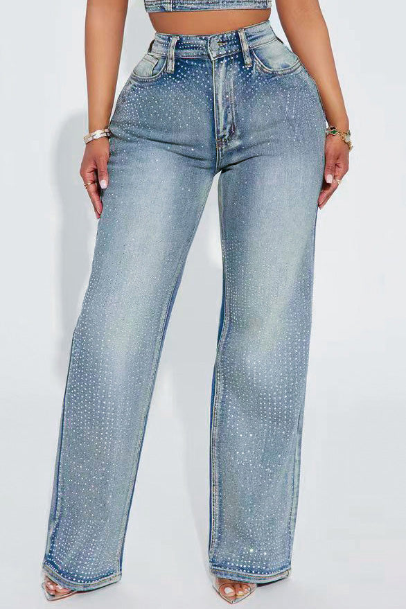 Rhinestone Straight Leg Jeans Pants