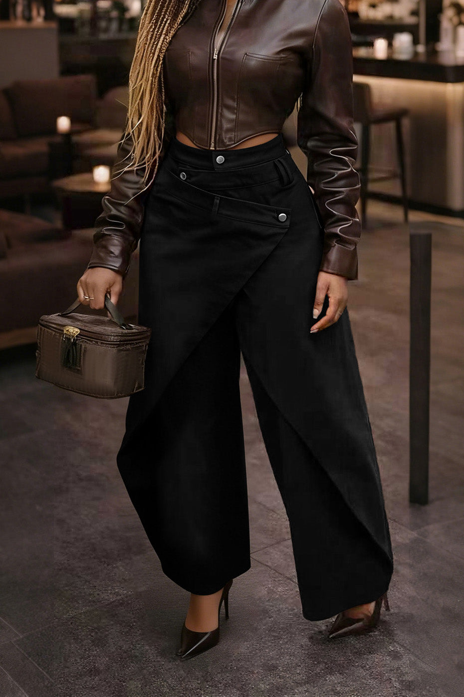 High-Waist Asymmetric Wrap Wide Leg Pants