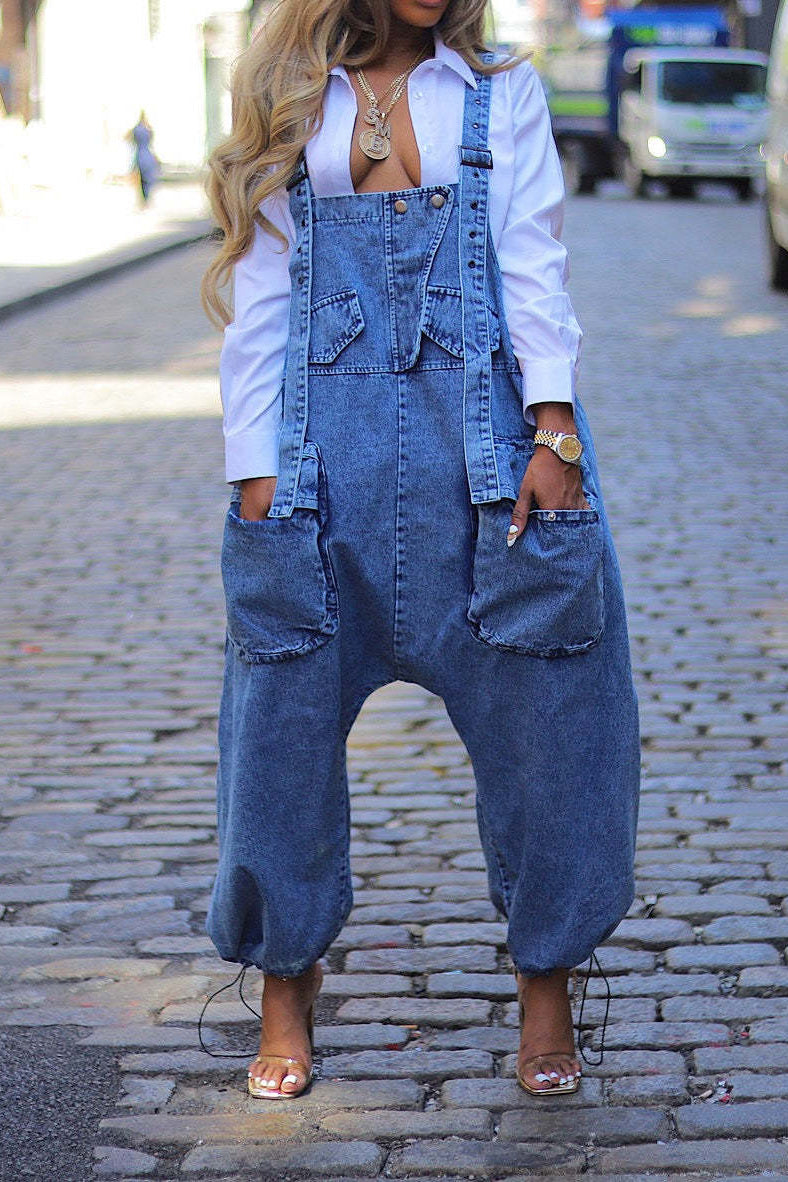 Denim Drawstring Wide Leg Overall Jumpsuit