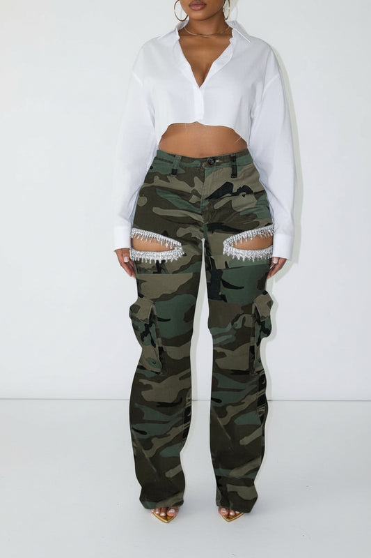 Rhinestone Embellished Denim Cargo Pants