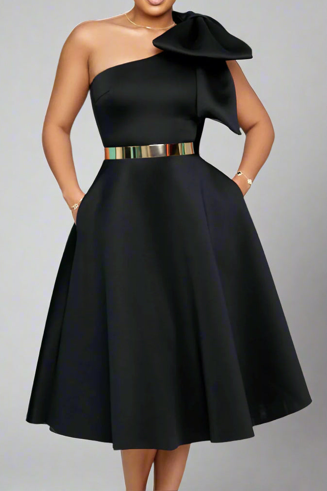 Single Shoulder Bow Detail Flare Midi Dress