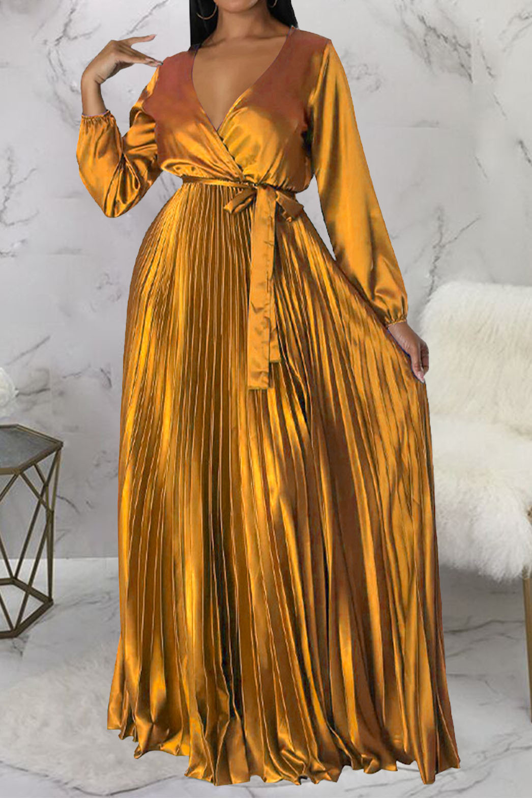 Faux Silk Pleated Tie-Waist Maxi Dress