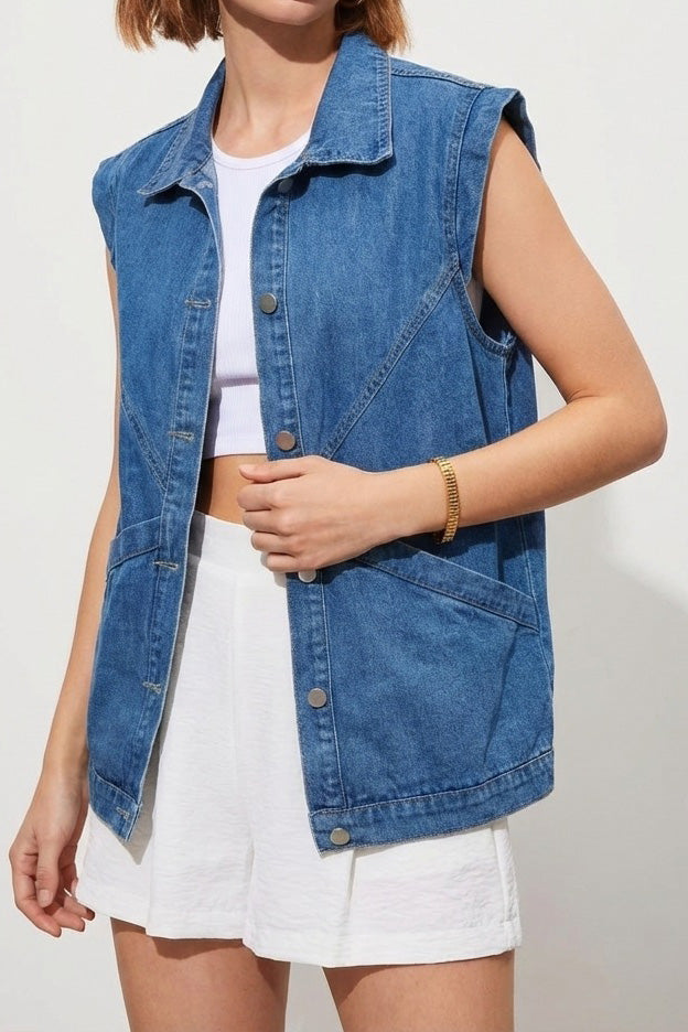 Relaxed Button-Down Sleeveless Denim Vest