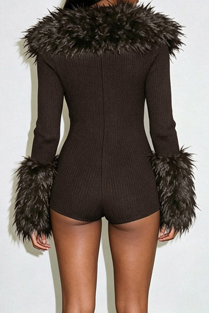 Plush-Trim Zip-Front Long-Sleeve Romper