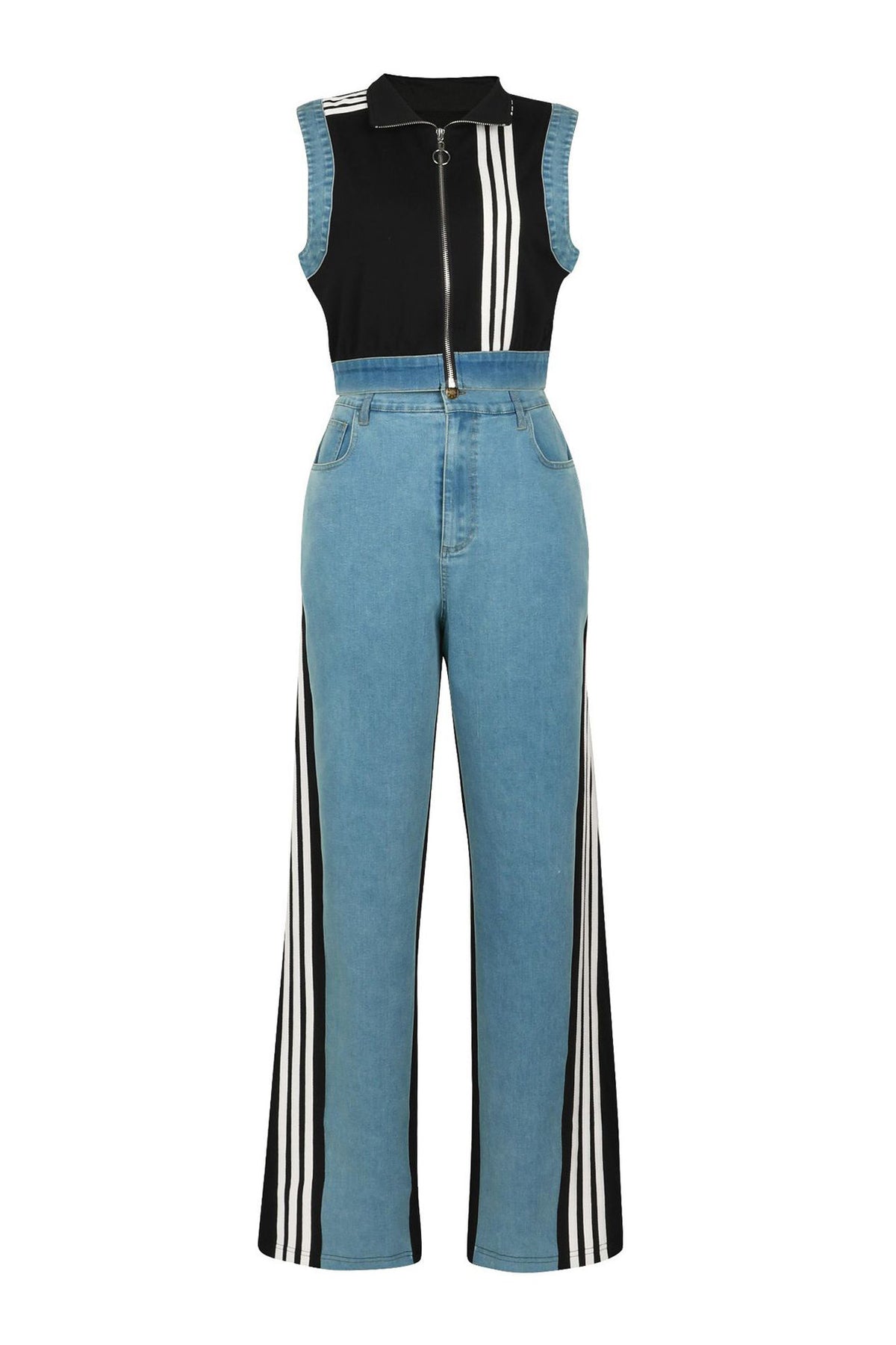 Sporty Striped Denim Crop Vest & Jeans Set