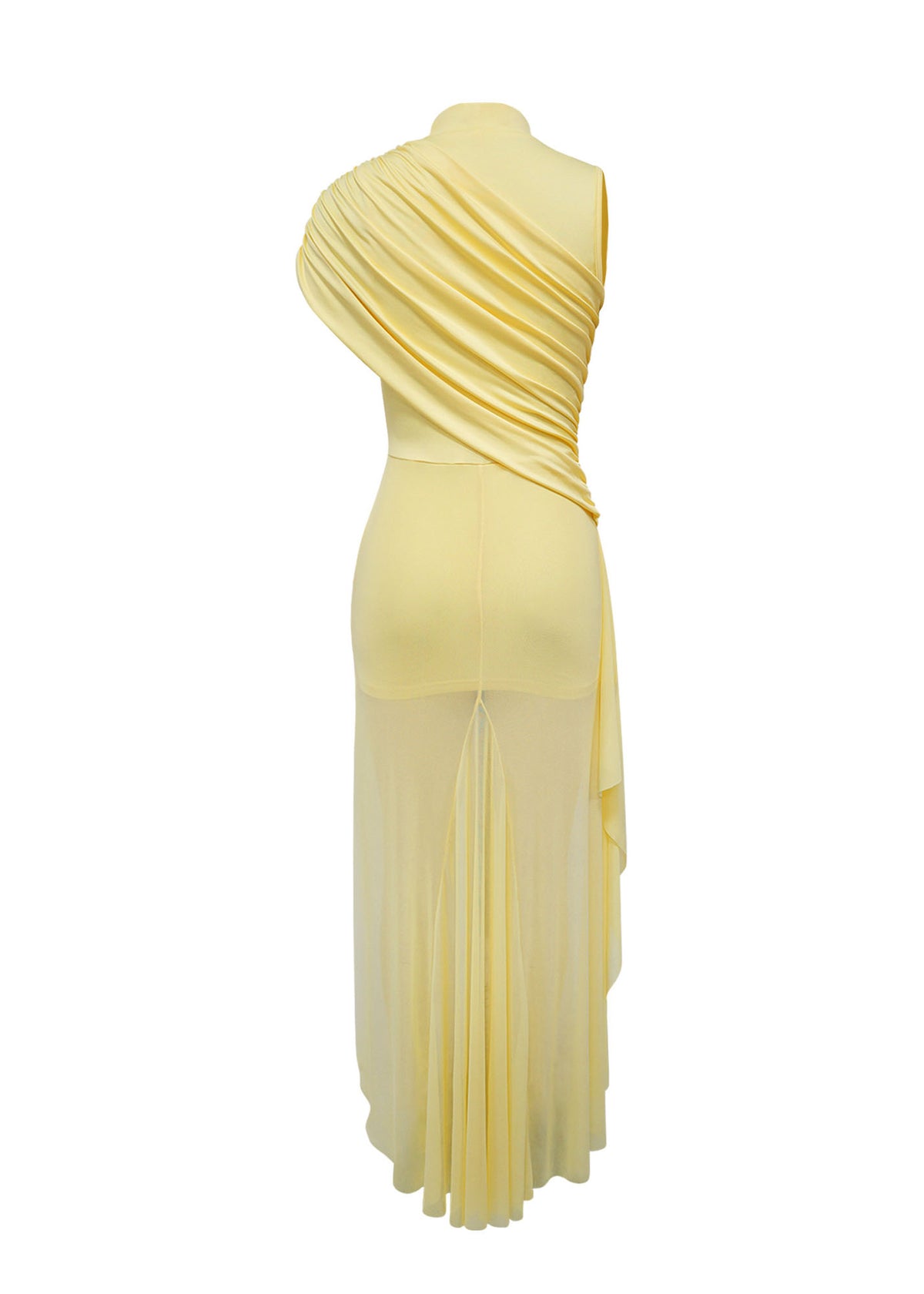 Ruched High Neck Asymmetrical Train Mini Dress
