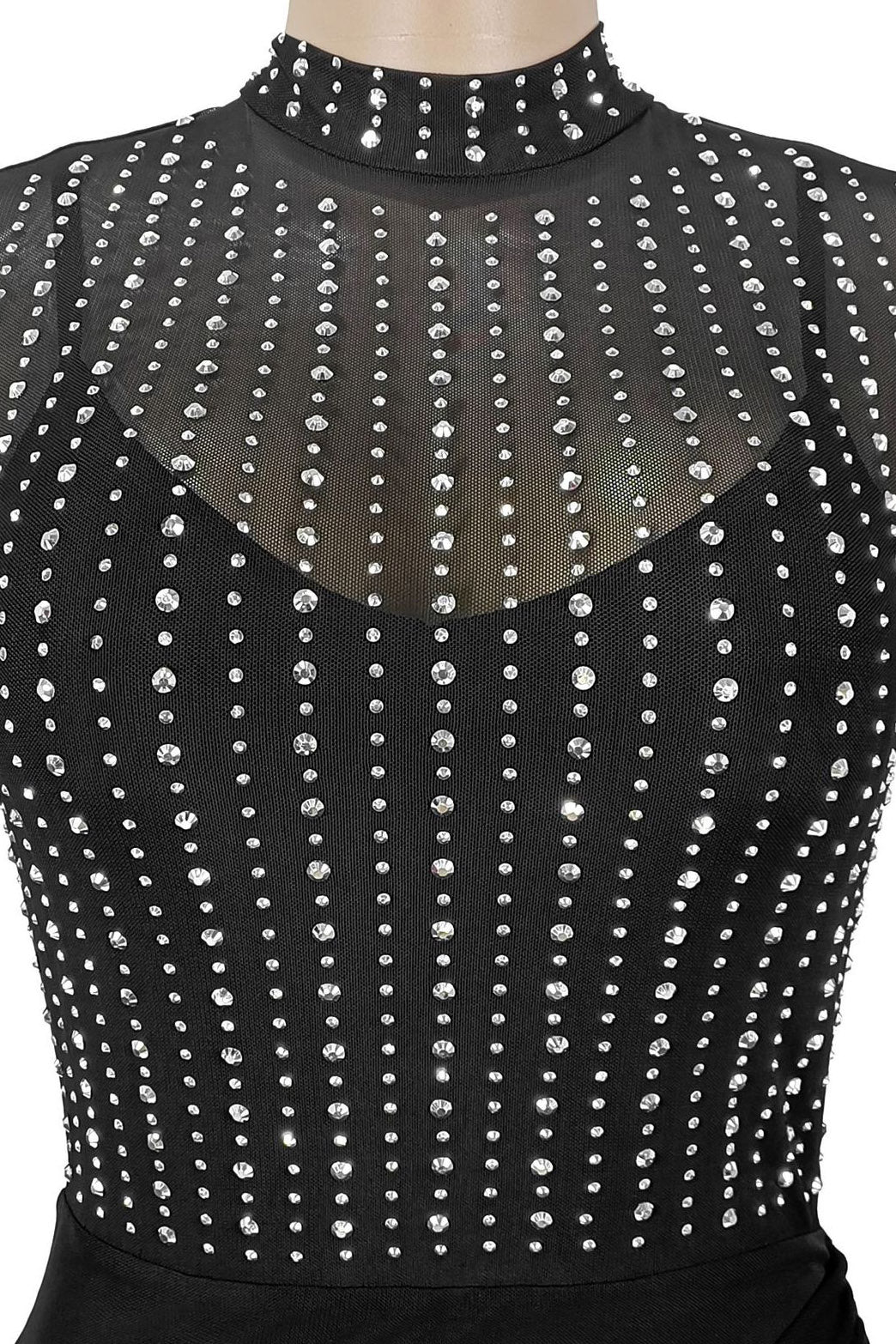 Beaded High-Neck Ruched Mesh Maxi Dress