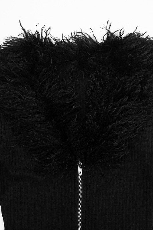 Plush-Trim Zip-Front Long-Sleeve Romper