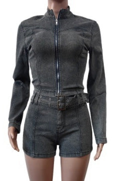 Washed Denim Zip Up Top & Shorts Set