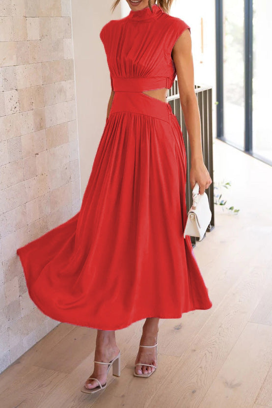 Mock Neck Cut Out Pleated Maxi Dress