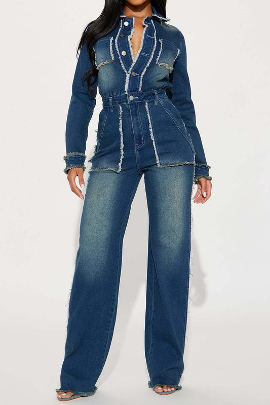 Raw-Edge Long Sleeve Stretch Denim Jumpsuit