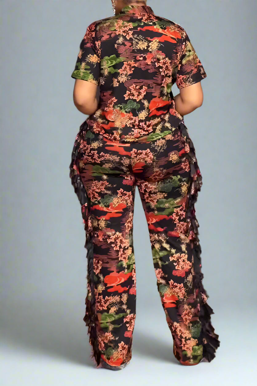 Elegant Printed Lapel Shirt and Pants Set