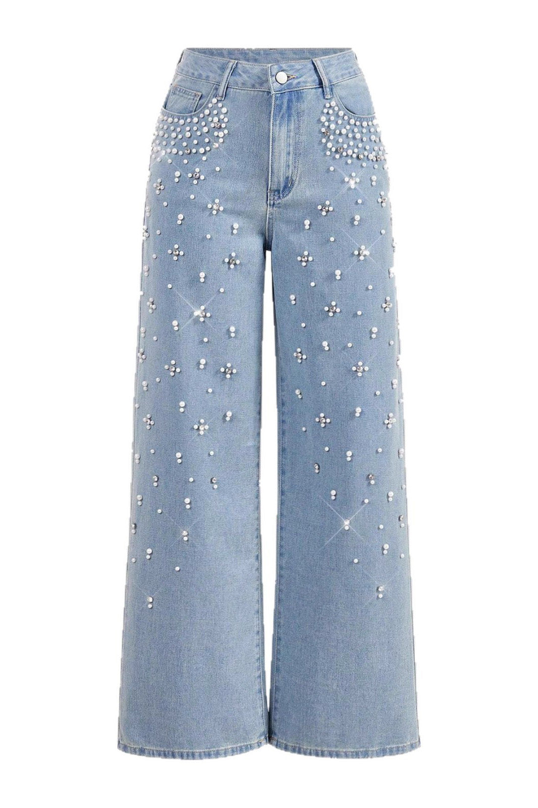 Pearl & Rhinestone Embellished Wide Leg Jeans
