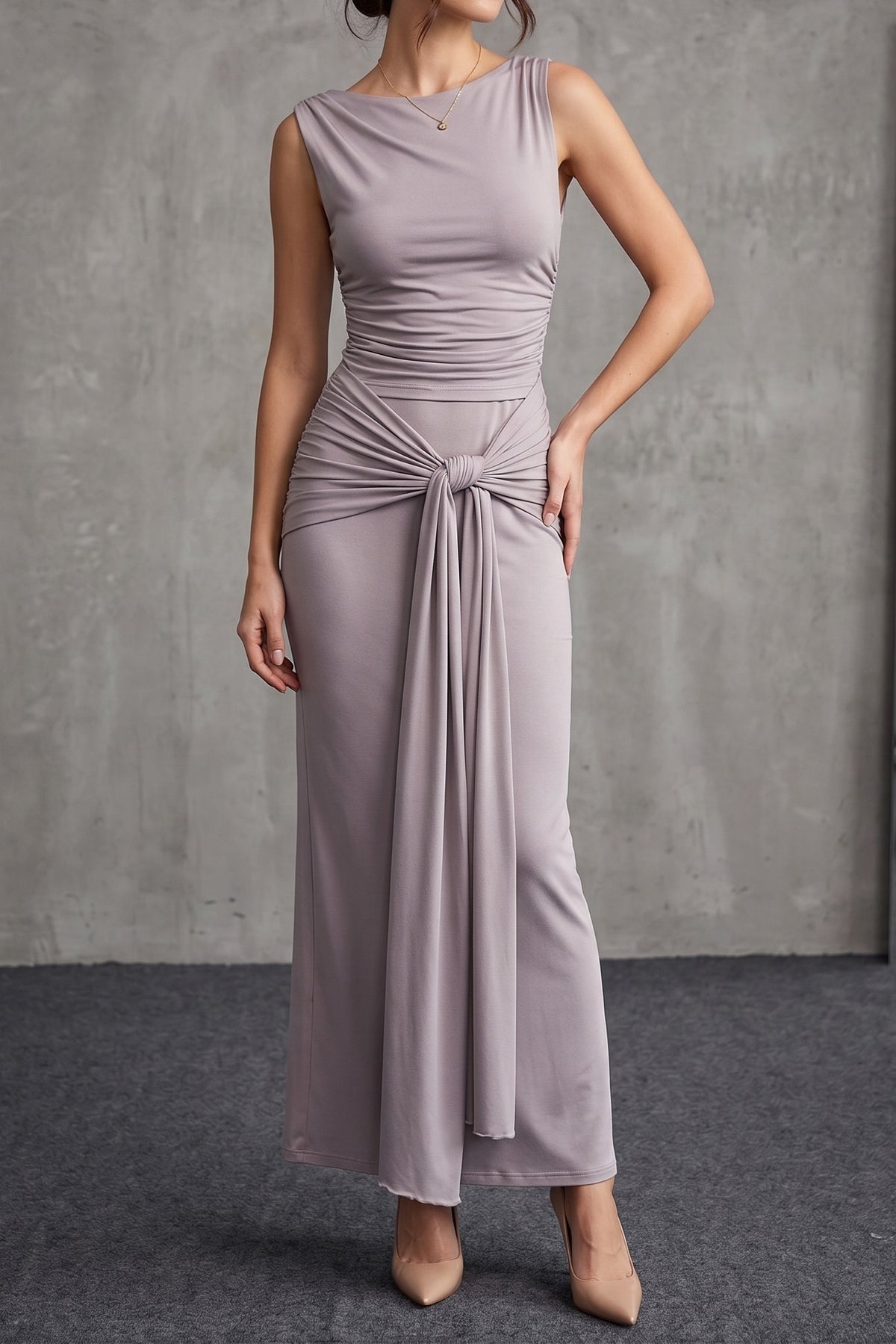 Draped Knot-Front Ruched Maxi Dress