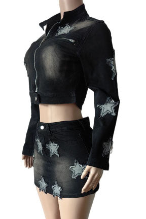 Star Patch Denim Skirt Set