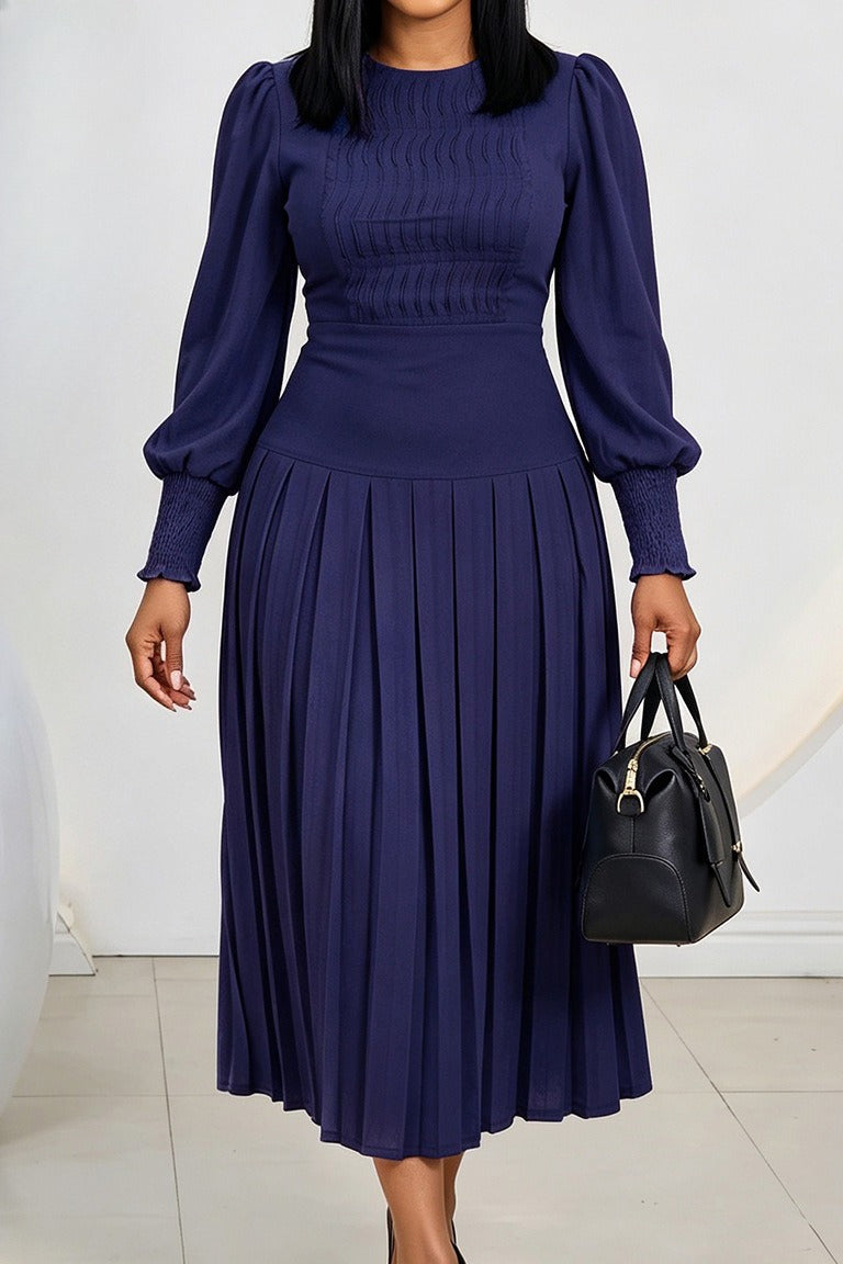 Smocked Puff Sleeve Pleated Midi Dress