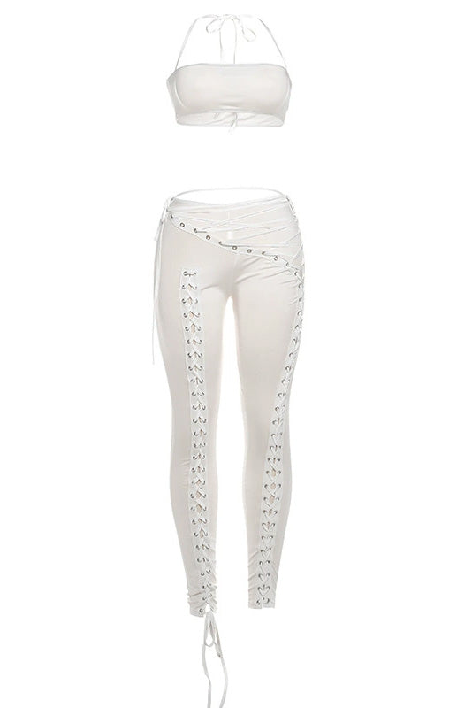 Crop Top and Lace-Up Pants 2-Piece Set