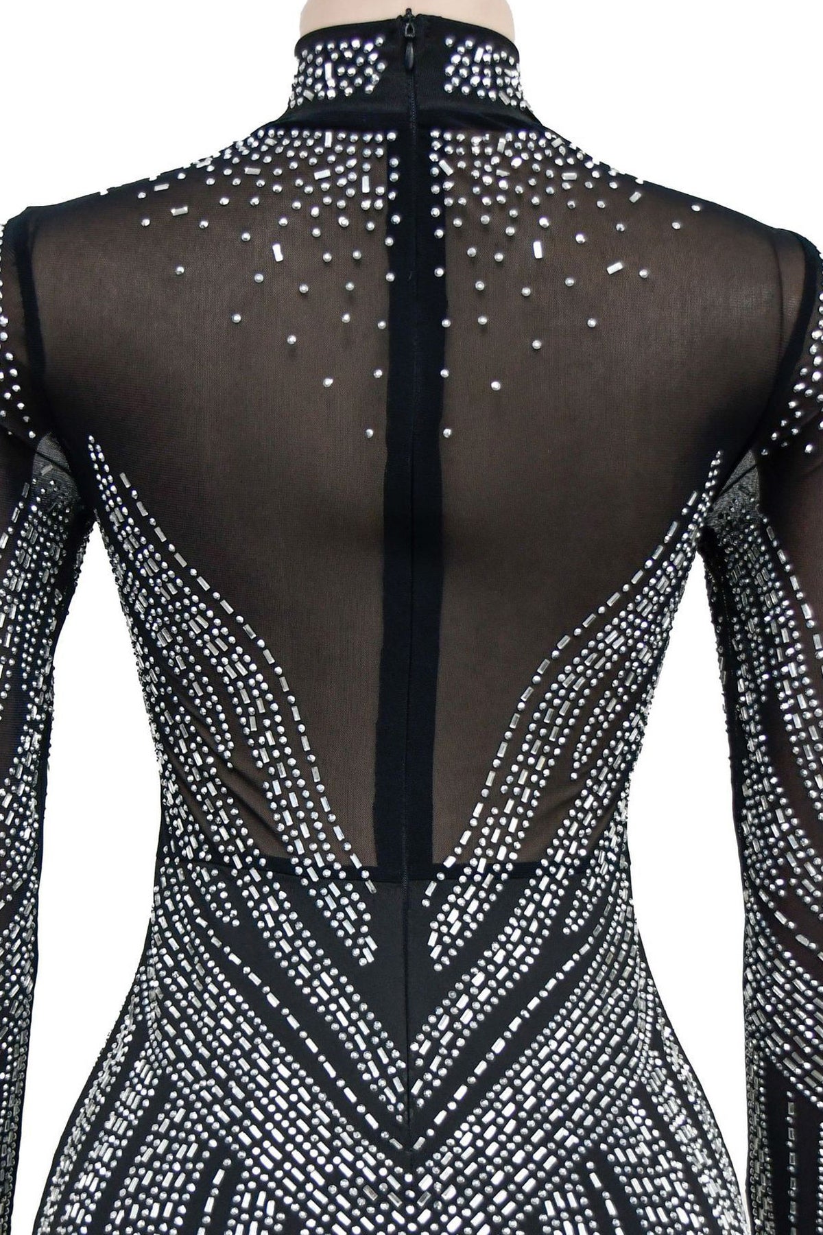 Rhinestone Embellished Sheer Mesh Mini Dress