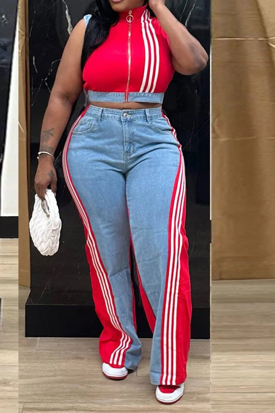 Striped Cropped Top Denim Pant Sets