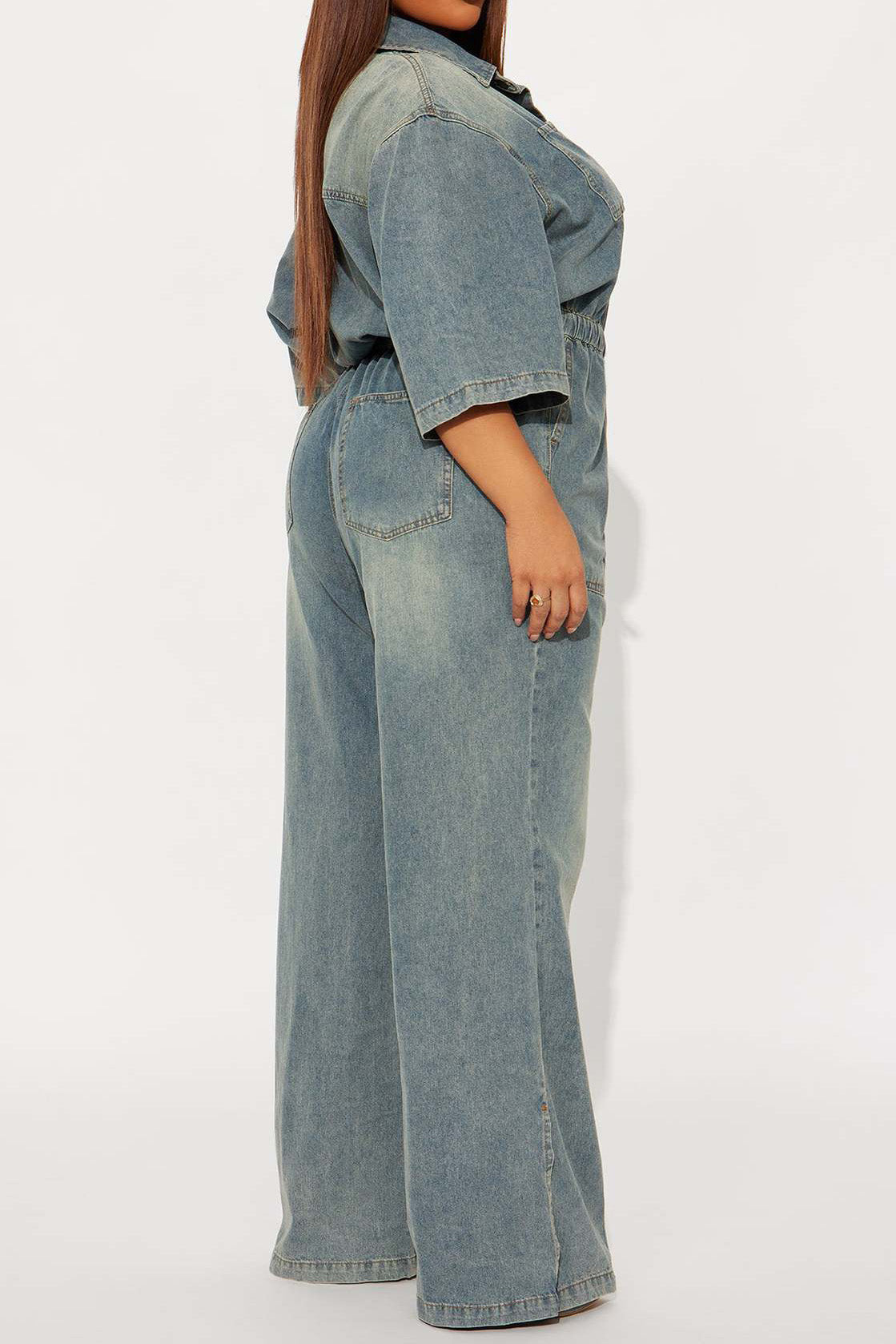 Stretch Denim Jumpsuit with Split Flare Legs