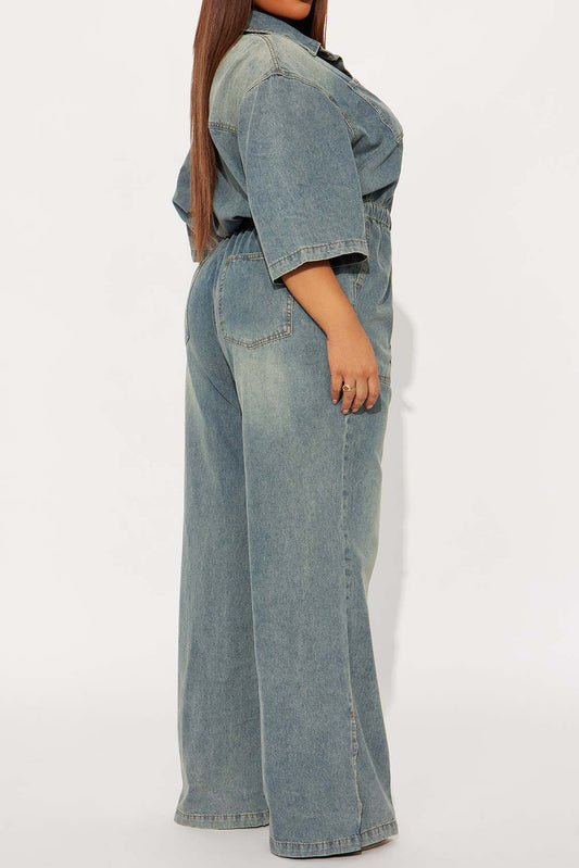 Stretch Denim Jumpsuit with Split Flare Legs