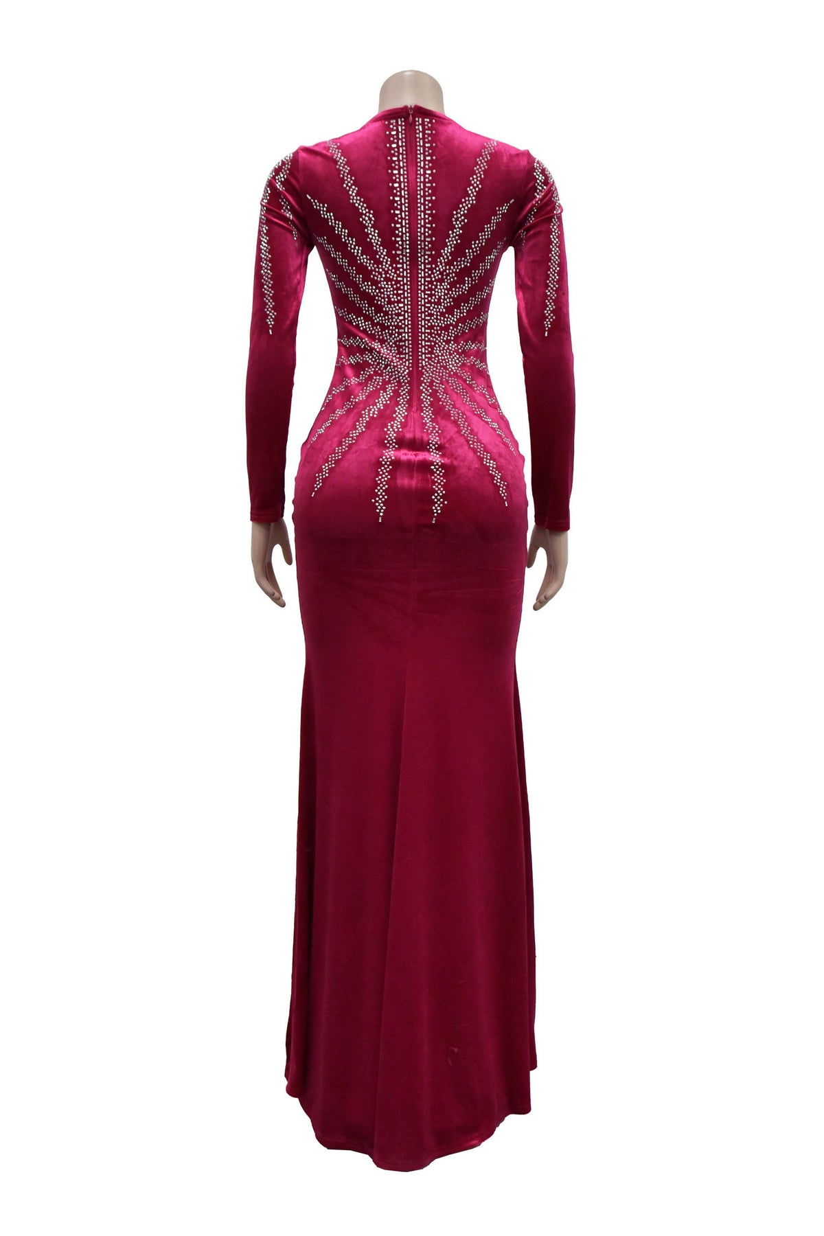 Rhinestone Plunge Illusion Velvet Maxi Dress