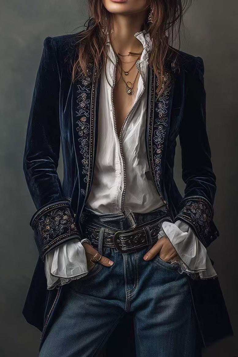 Velvet Embroidered Long Jacket