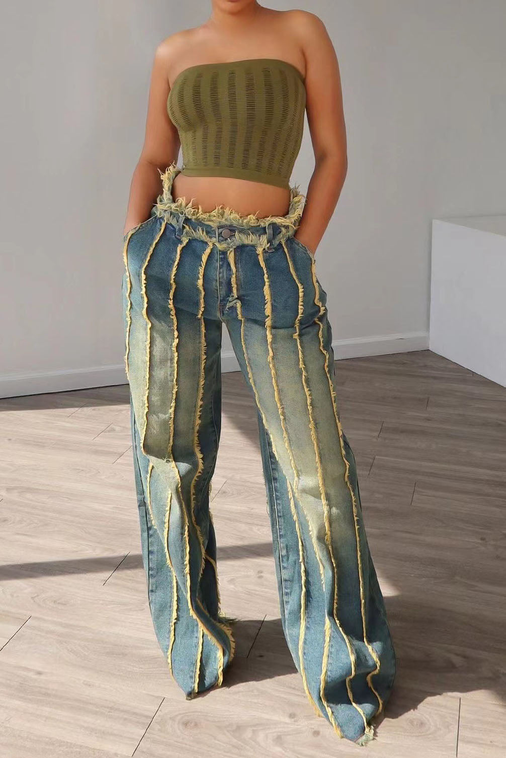 Vintage Wash Seam Straight Leg Jeans