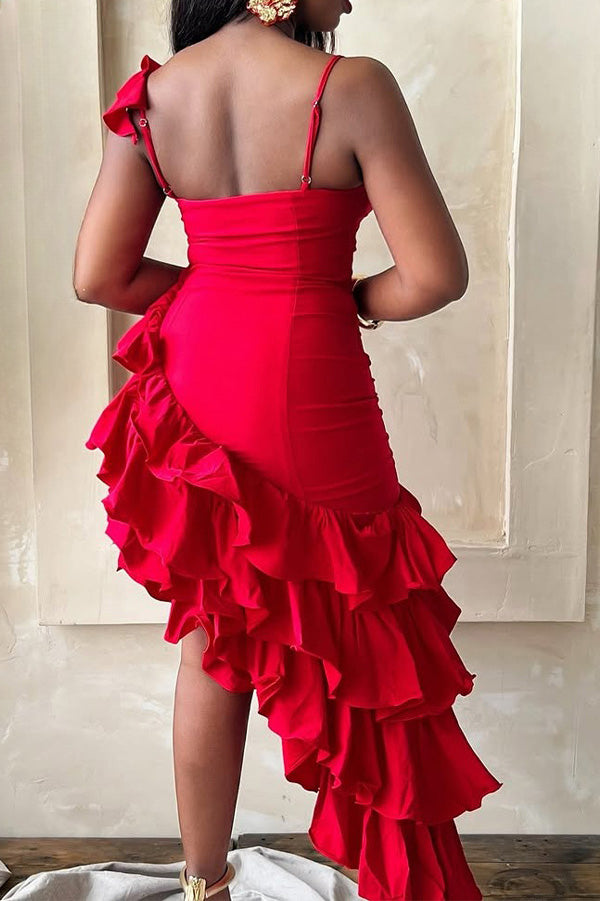 Solid Color Ruffle Hem Spaghetti Strap Dress