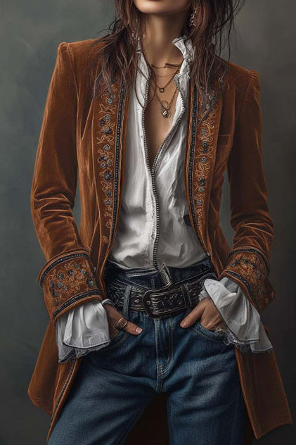 Velvet Embroidered Long Jacket