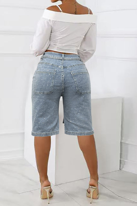Loose Fit Denim Capri Pants with Rhinestones