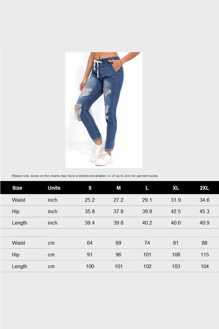 Drawstring Waist Ripped Roll Up Hem Skinny Jeans