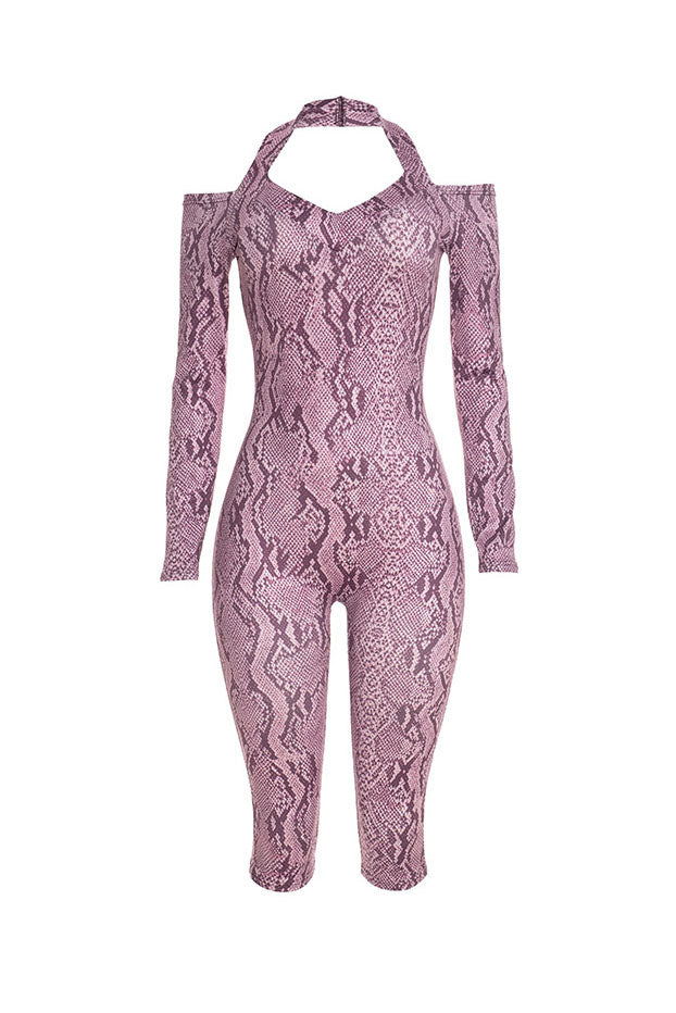 Snake-Print Halter Capri Jumpsuit