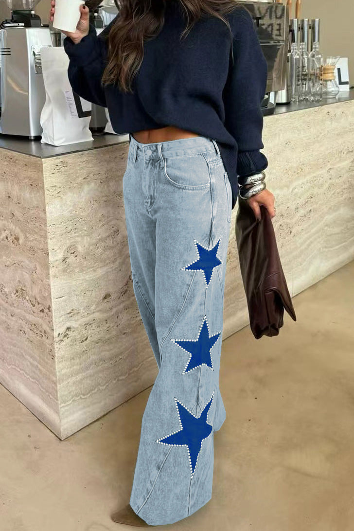 High-Waisted Star Patch Wide Leg Jeans