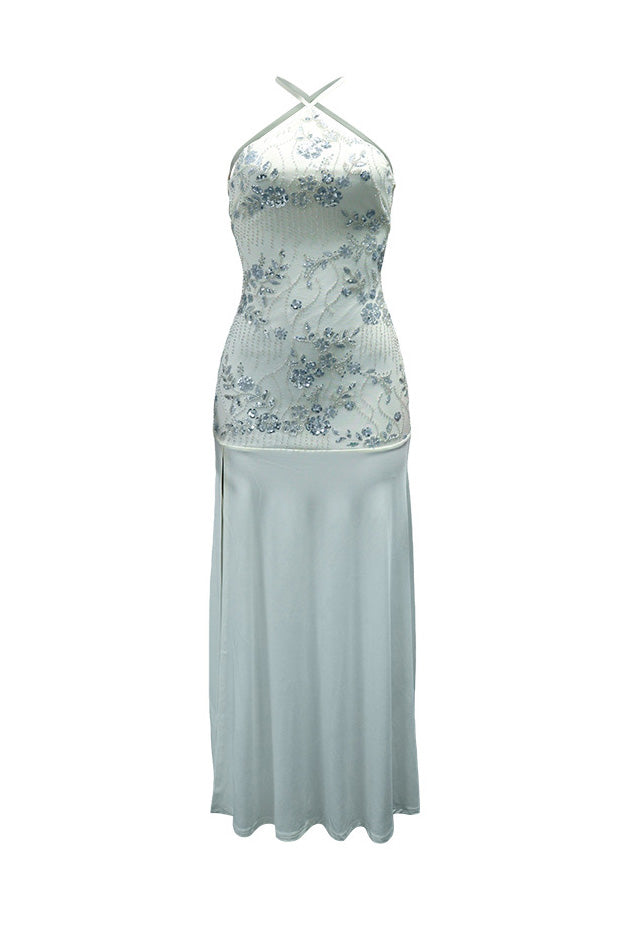 Sequin Floral Halter Mermaid Maxi Dress