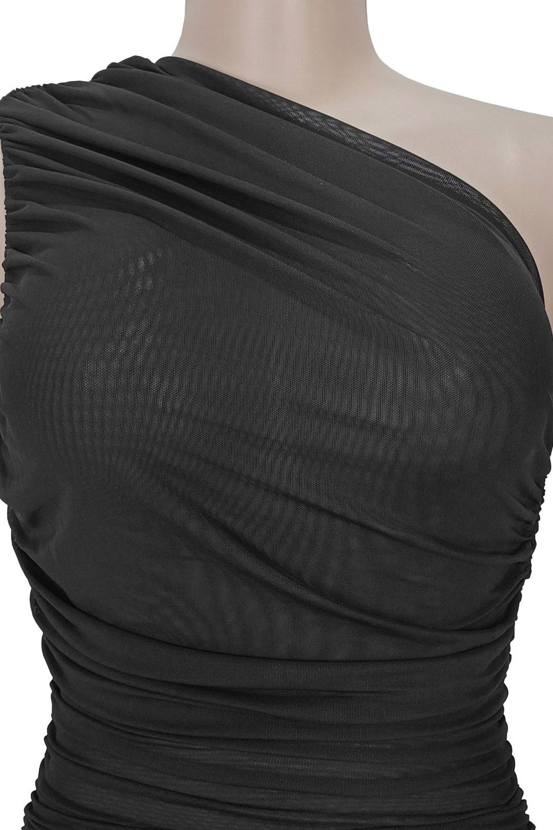 One-Shoulder Ruched Mesh Maxi Dress