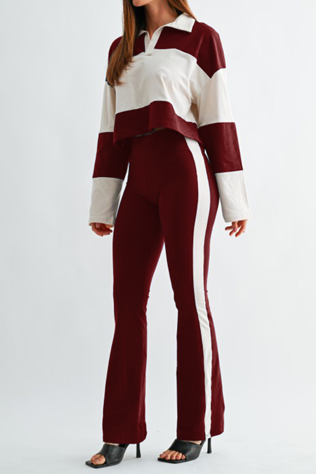 Colorblock Polo Top & Flare Pants Set