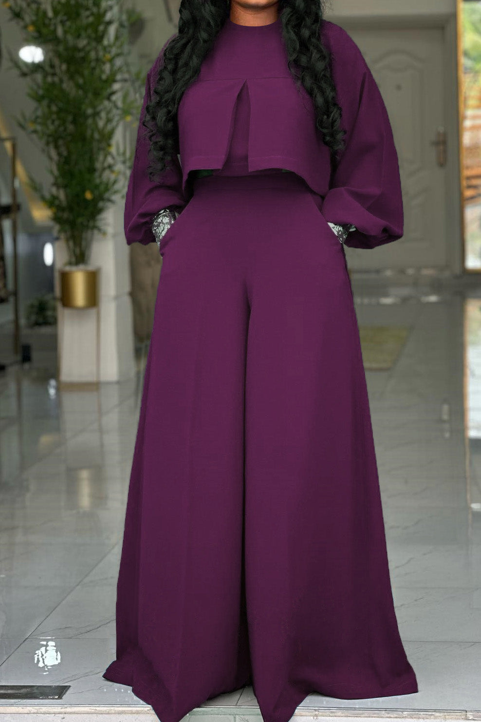 Plus Size Lantern Sleeve Wide Leg Pant Set
